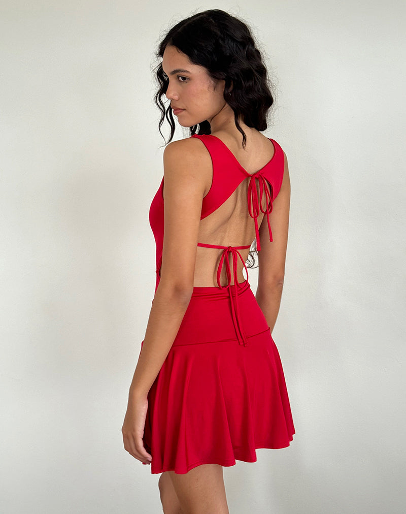 short red backless dress Oshi Open Back Mini Dress in Satin Red