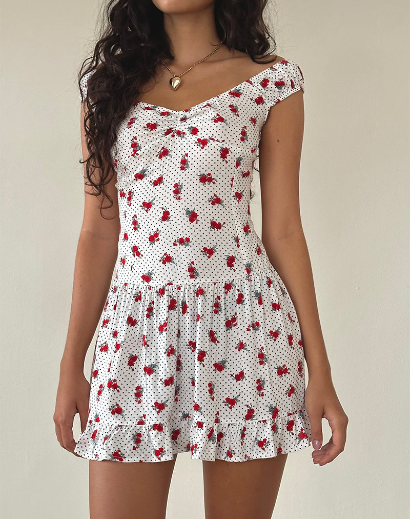 Women's ACA Bardot Mini Dress in White Rose Polka, XXS , Floral , Frill , V Neck