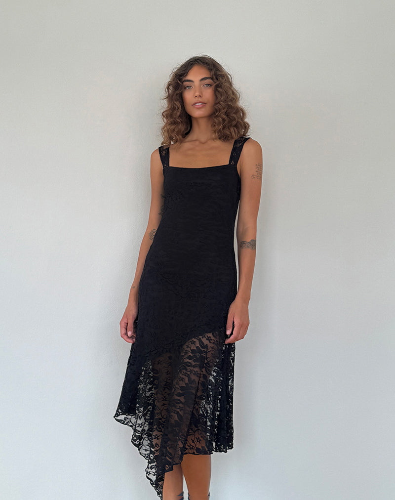 Adeliza Asymmetric Midi Dress in Floral Lace Jet Black Adeliza Asymmetric Midi Dress in Floral Lace Jet Black