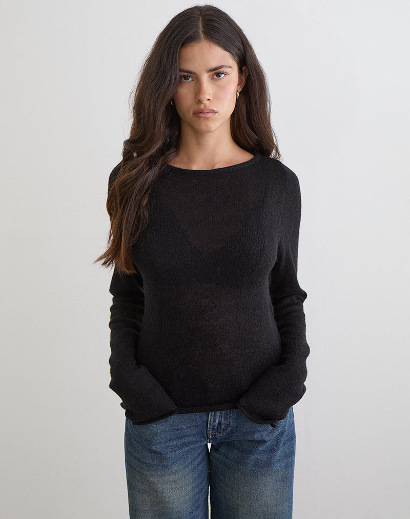 Black Long Sleeve Sheer Knit Top | Aika – motelrocks-com-us