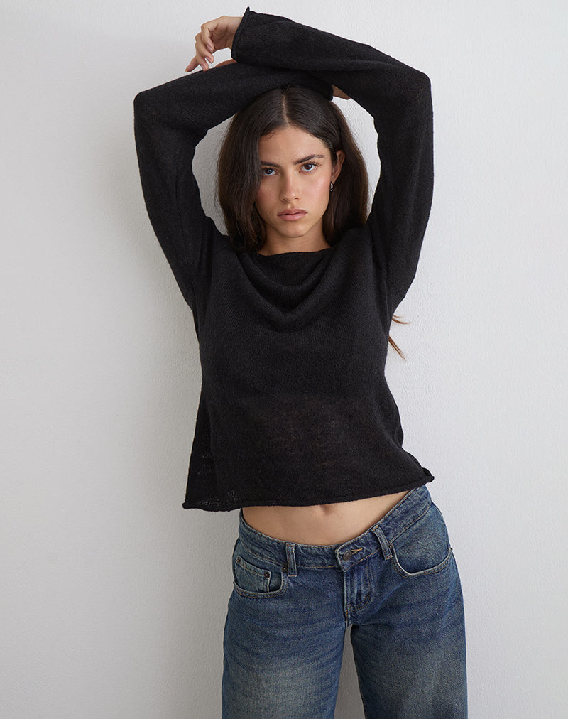 Black Long Sleeve Sheer Knit Top | Aika – motelrocks-com-us