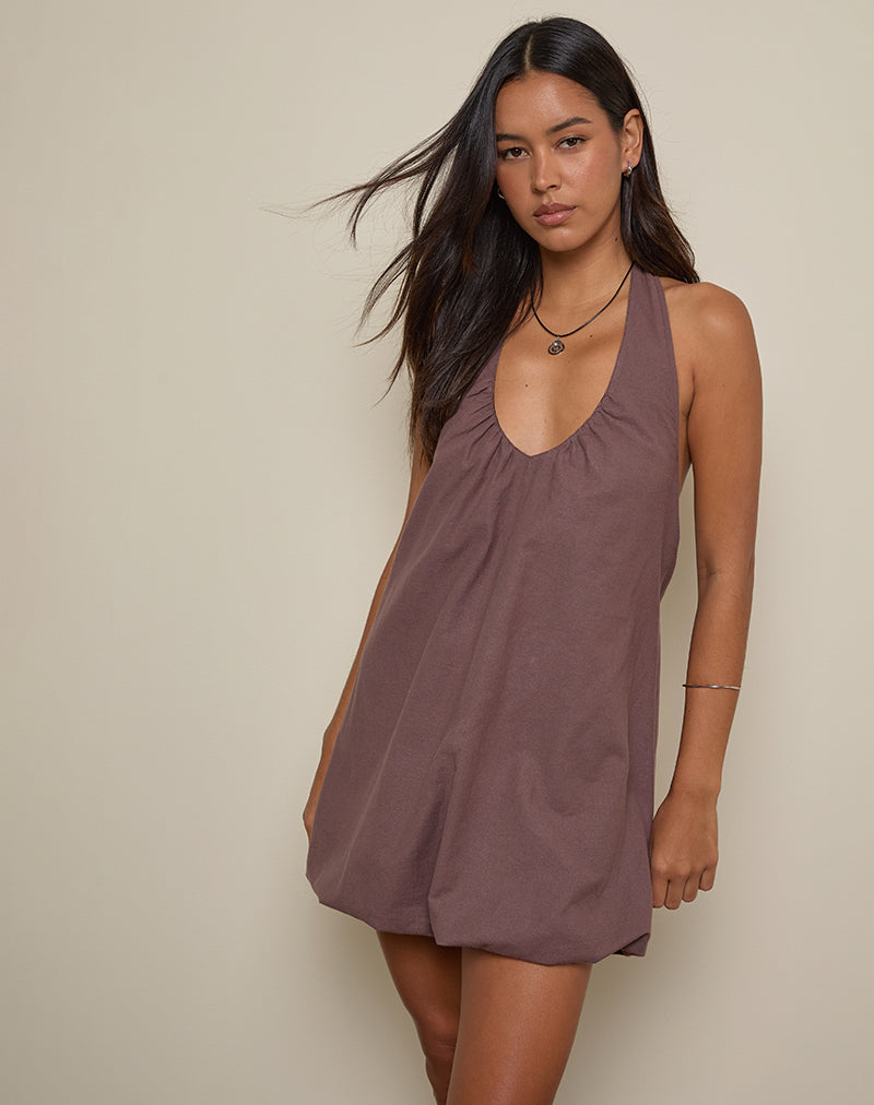 Alcinder Linen Mini Dress in Deep Taupe , Halter Neck , Plunge Neckline Alcinder Linen Mini Dress in Deep Taupe , Halter Neck , Plunge Neckline