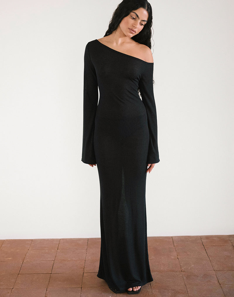 Black Sheer Knit Long Sleeve Asymmetric Maxi Dress | Aldiana