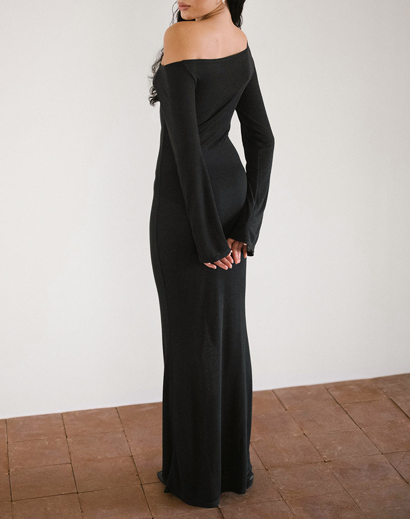 Black Sheer Knit Long Sleeve Asymmetric Maxi Dress | Aldiana