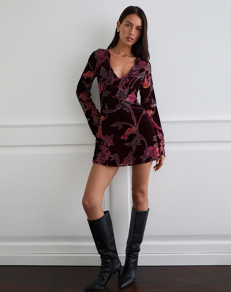 Alitra Mini Dress in Floral Devore Burgundy , Long Sleeve , V Neck Alitra Mini Dress in Floral Devore Burgundy , Long Sleeve , V Neck