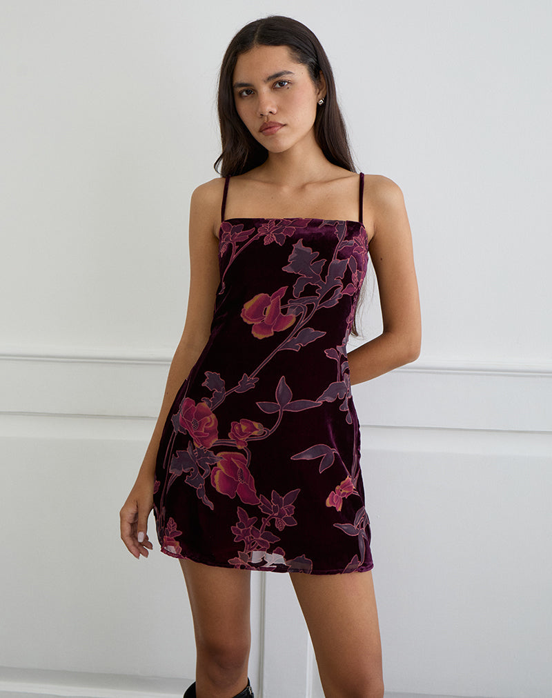 Motel Alvana floral devore mini dress in burgundy-Red Motel Alvana floral devore mini dress in burgundy-Red
