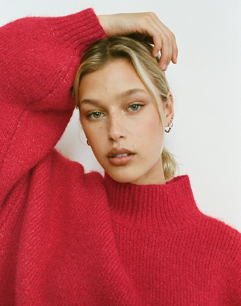 Motel Fluffy Balloon Sleeve Oversized Jumper in Red