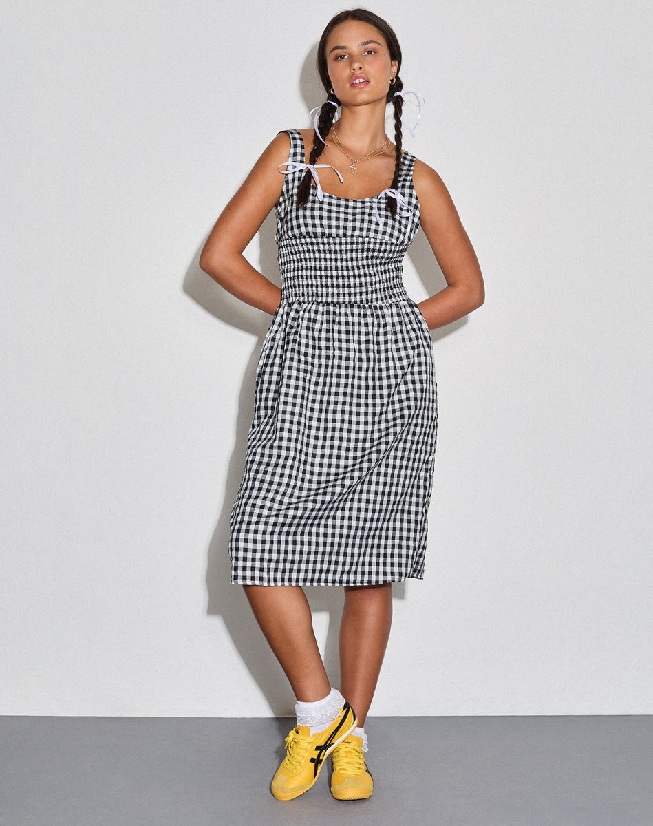 Black and White Gingham Midi Dress | Ambrose – motelrocks-com-us
