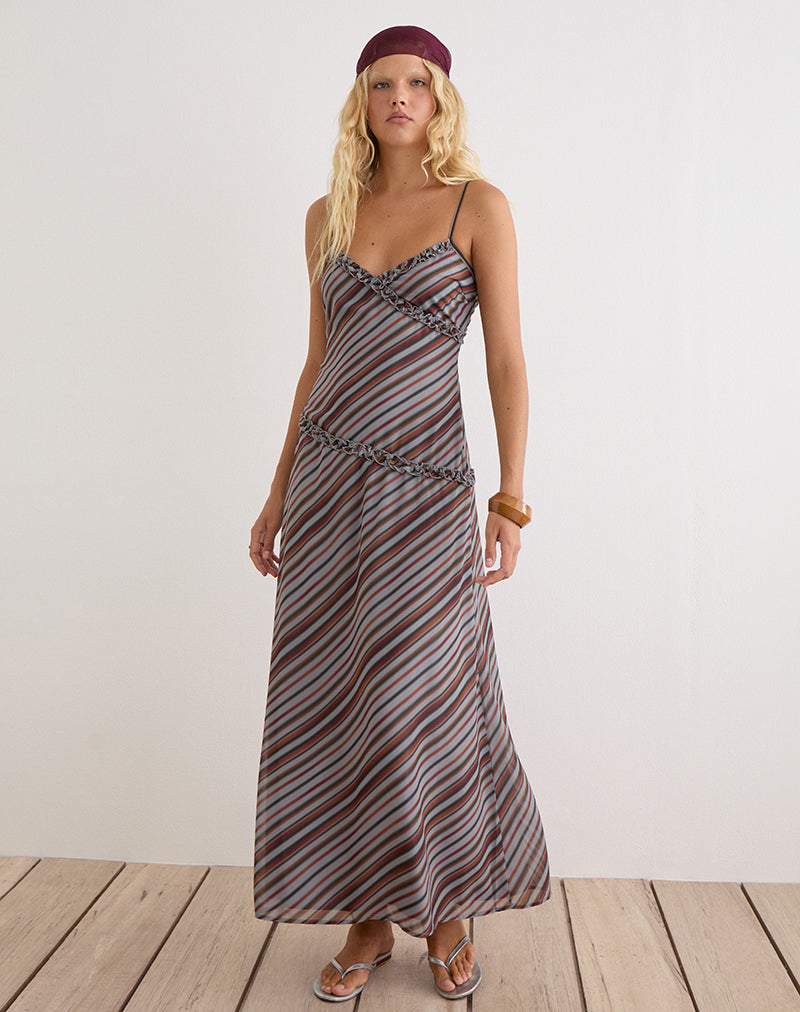 Angie Maxi Dress in Chiffon Grey and Maroon Diagonal Stripe , Loose Fit Angie Maxi Dress in Chiffon Grey and Maroon Diagonal Stripe , Loose Fit