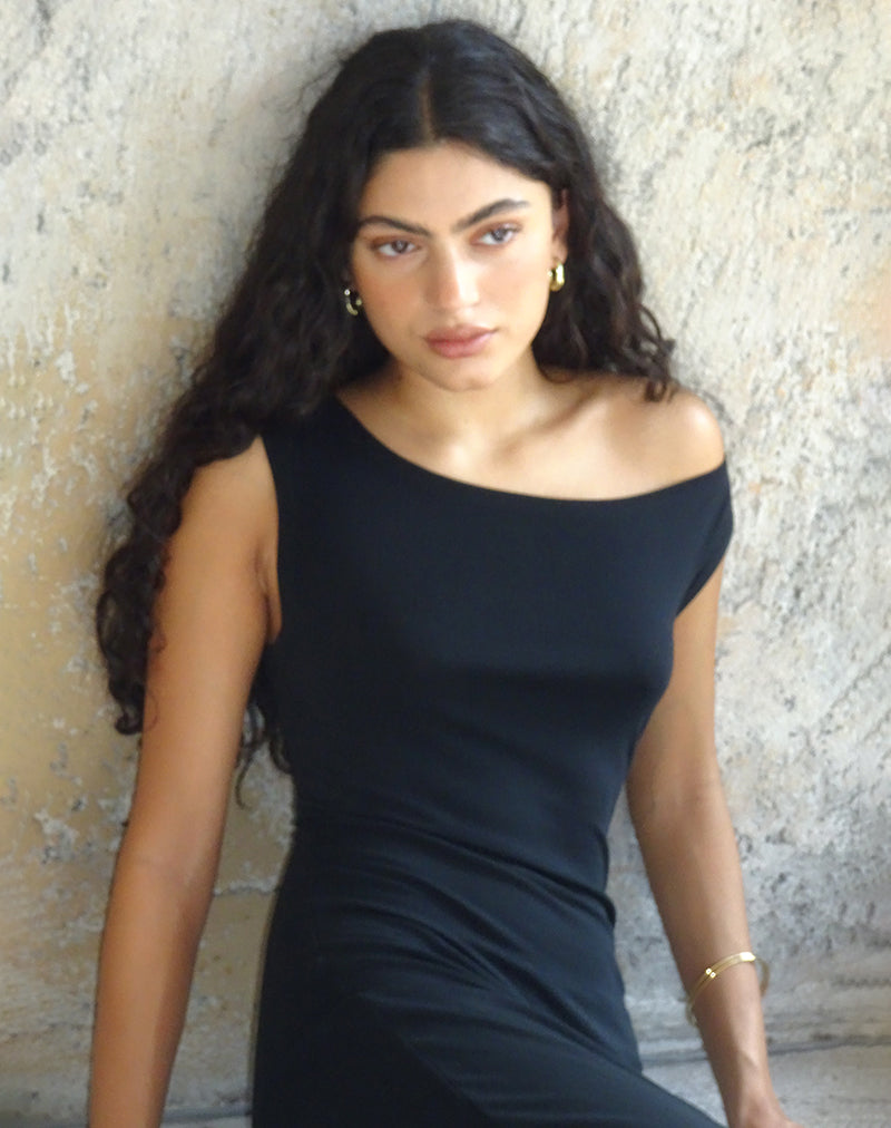 Black Asymmetrical Rib Knit Maxi Dress | Ardita motelrocks-com-us Black Asymmetrical Rib Knit Maxi Dress | Ardita motelrocks-com-us