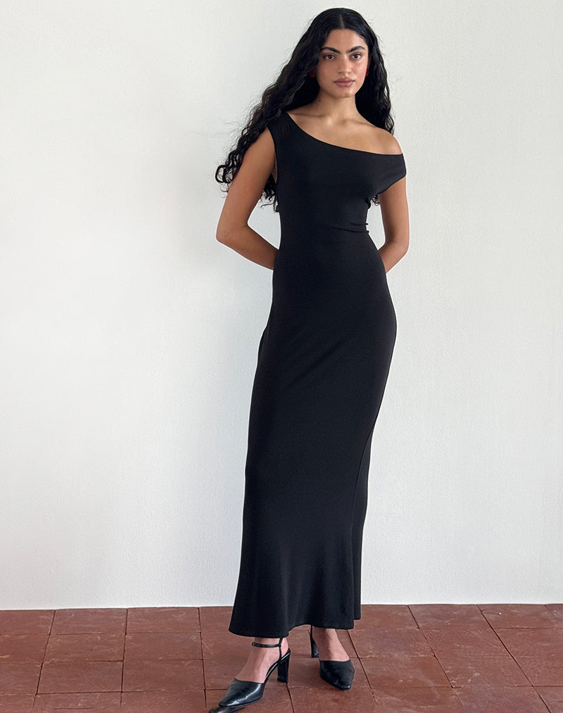 Ardita Asymmetrical Rib Knit Maxi Dress in Black Ardita Asymmetrical Rib Knit Maxi Dress in Black