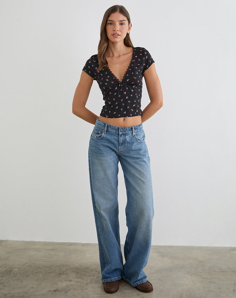 Black with Red Rose Ditsy Print Top | Asana – motelrocks-com-us