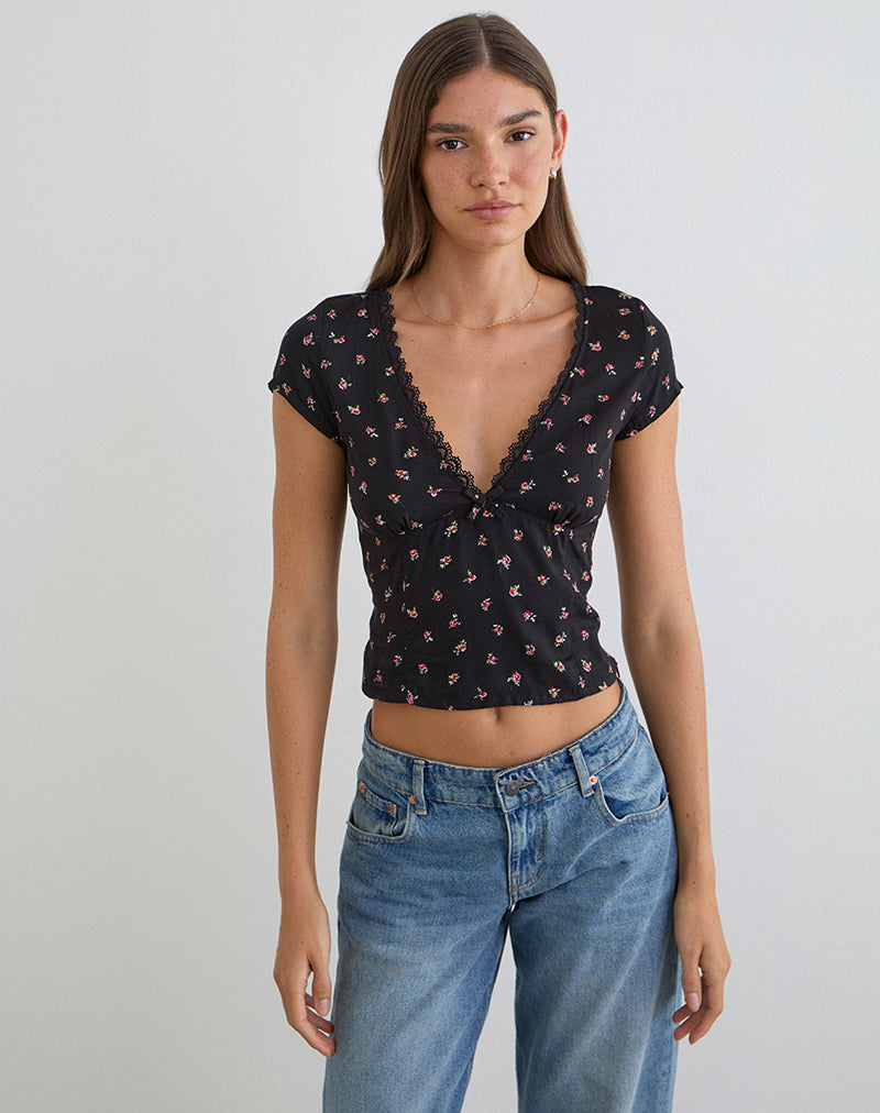 Black with Red Rose Ditsy Print Top | Asana – motelrocks-com-us