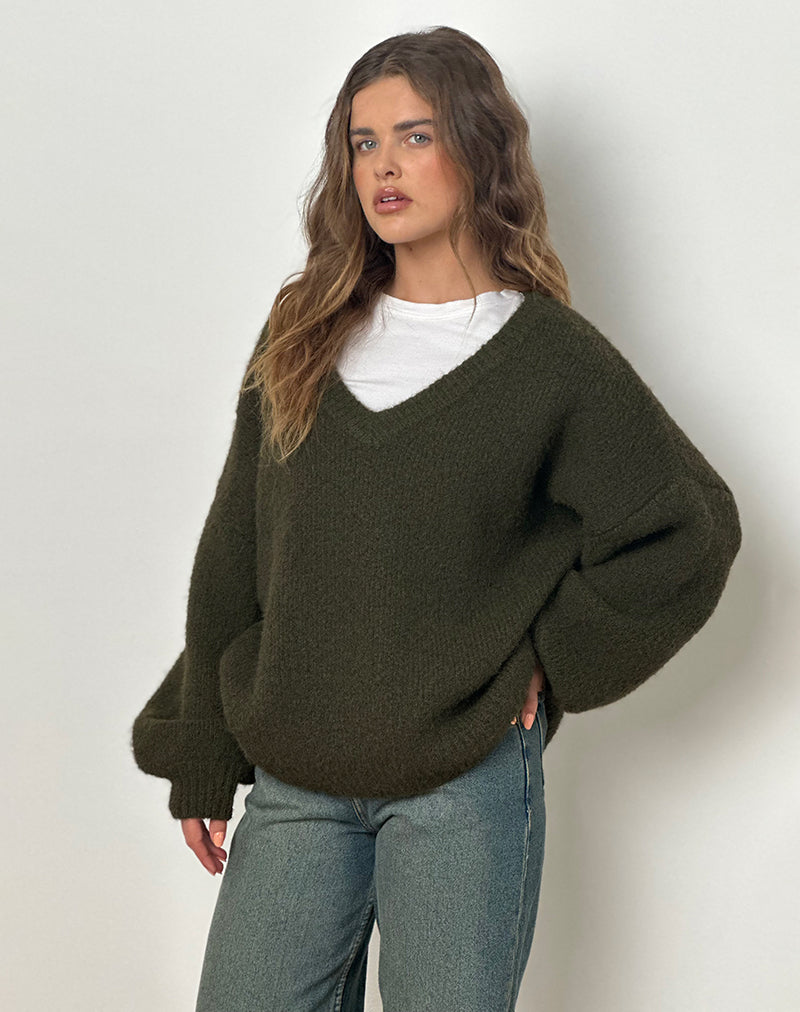 Khaki Green Brushed Knit Chunky Oversized Jumper | Asato