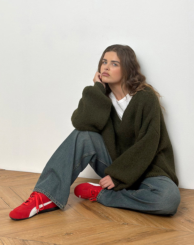 Khaki Green Brushed Knit Chunky Oversized Jumper | Asato
