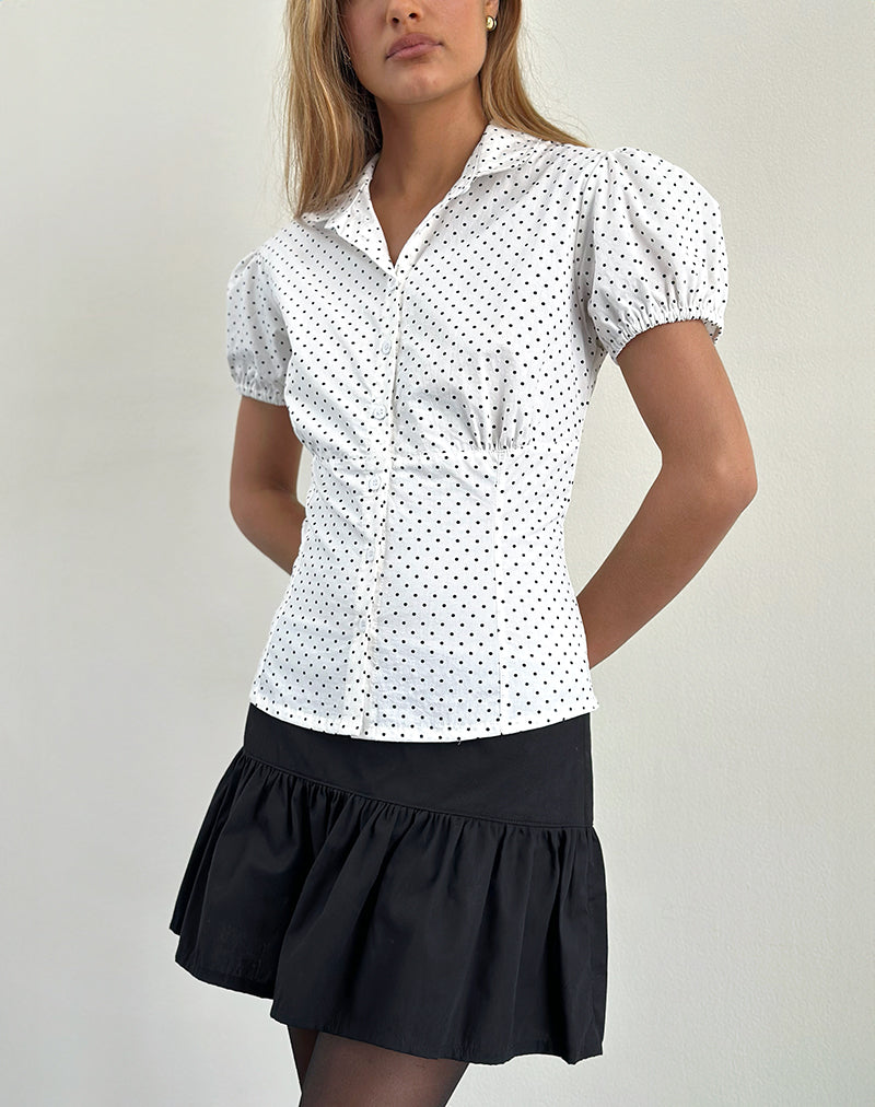 White Puff Sleeve Blouse with Black Polka Dots | Aspen