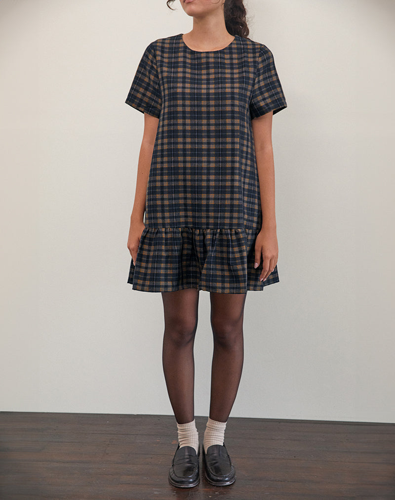 Navy and Mustard Check Mini Smock Dress