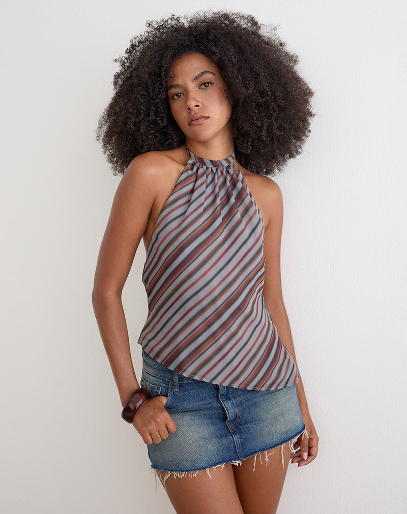Grey and Maroon Chiffon Diagonal Stripe Halterneck Top | Astina