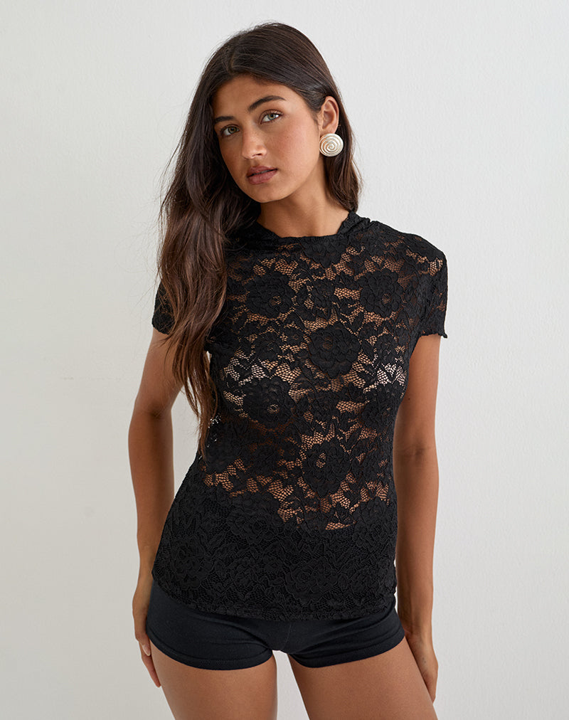 Black Sheer Floral Lace Hooded Top | Axelle – motelrocks-com-us