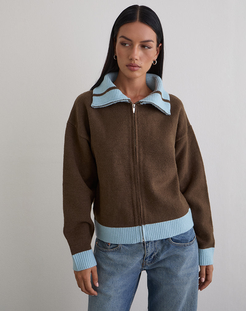 Brown and Blue Knit Zip Up Collared Jumper | Ayamu – motelrocks-com-us