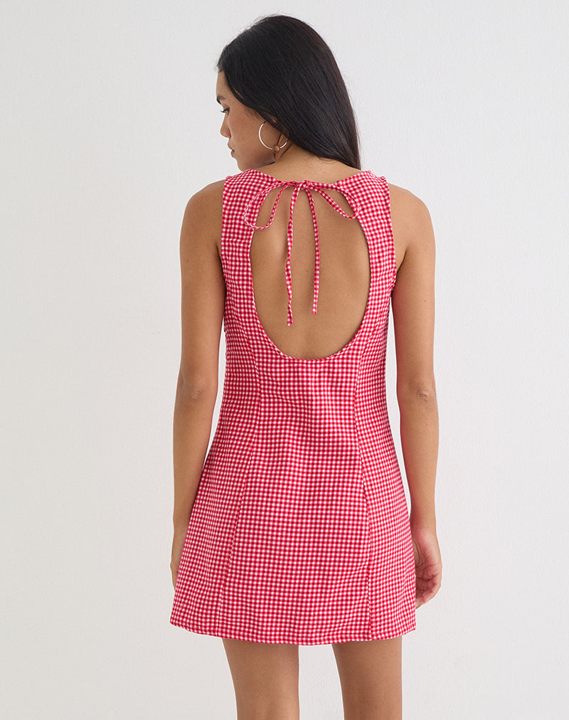 Women's Ayana Backless Mini Dress in Linen Red Gingham, M gingham