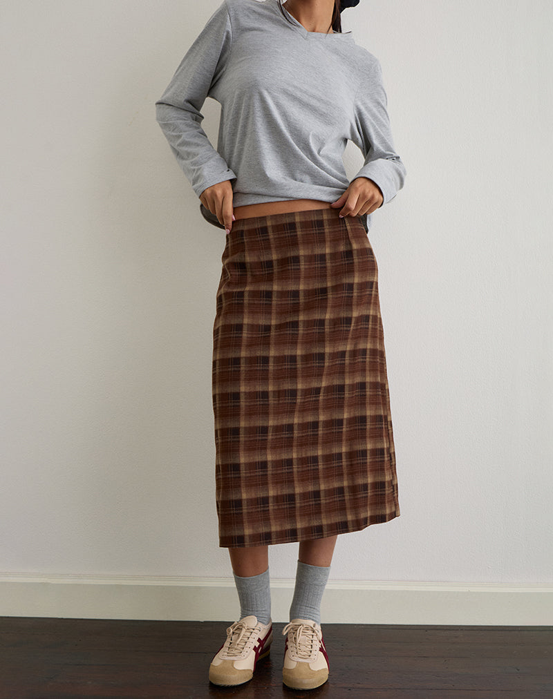 Badria Midi Skirt in Tartan Brown Red