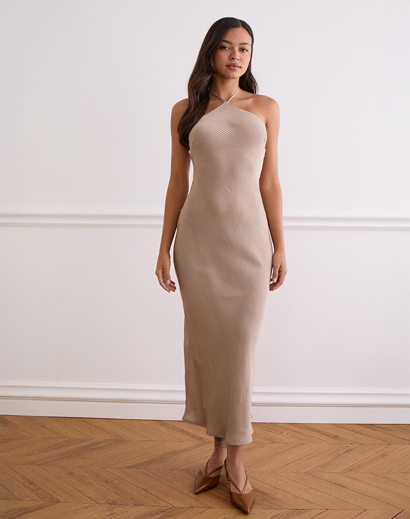 Belara Maxi Dress in Satin Stripe Taupe , Halter Neck , Bodycon Belara Maxi Dress in Satin Stripe Taupe , Halter Neck , Bodycon