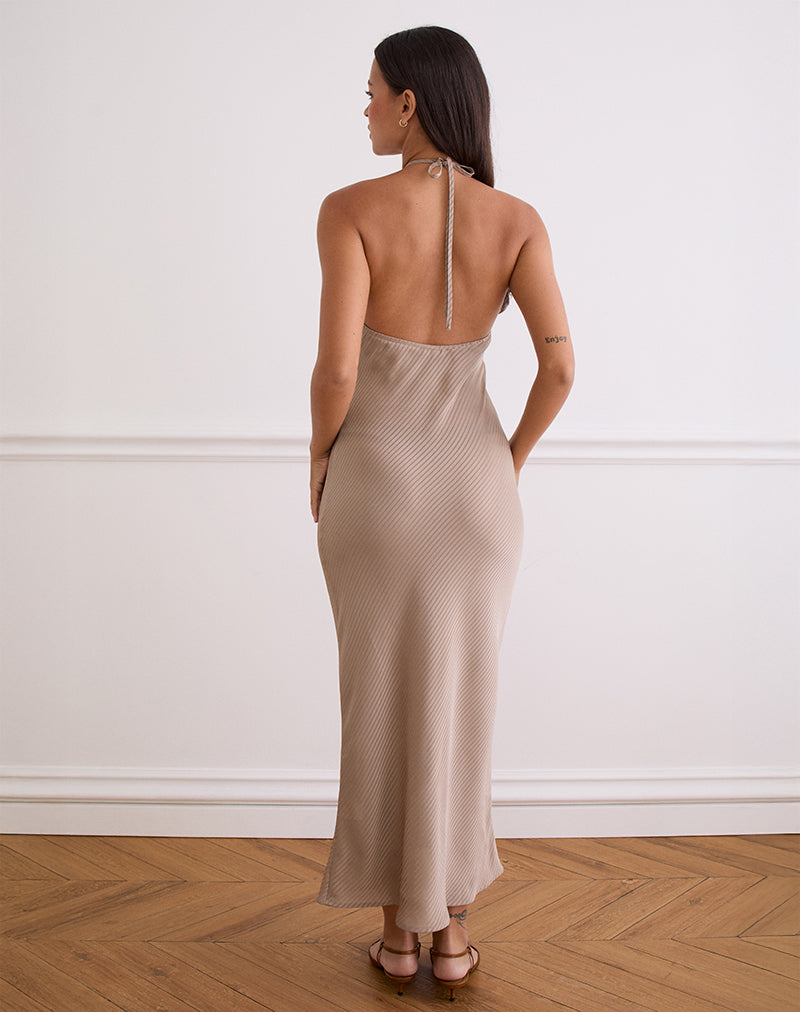Belara Maxi Dress in Satin Stripe Taupe , Halter Neck , Bodycon