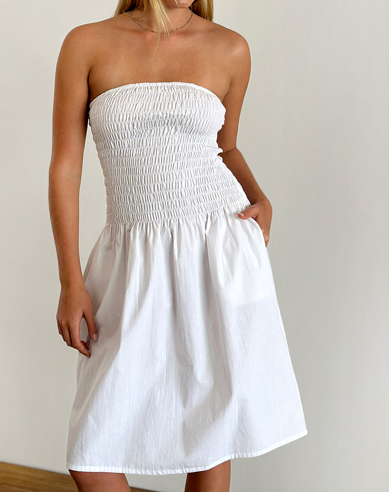 strapless bandeau midi dress Belesi Bandeau Midi Dress in Poplin White