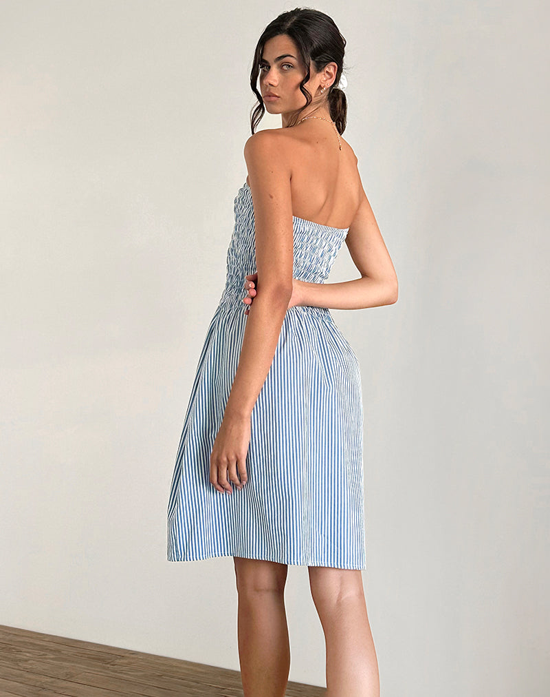Belesi Midi Dress in Blue Small Vertical Stripe Belesi Midi Dress in Blue Small Vertical Stripe