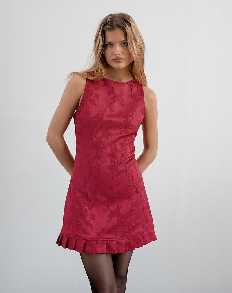 Benian Mini Dress in Satin Jacquard Red , Pleated , Crew Neck , Zip Up Benian Mini Dress in Satin Jacquard Red , Pleated , Crew Neck , Zip Up