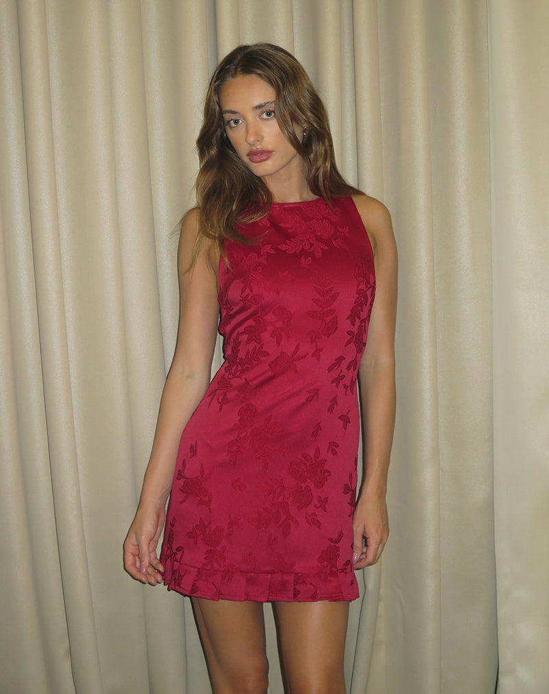 Benian Mini Dress in Satin Jacquard Red , Pleated , Crew Neck , Zip Up Benian Mini Dress in Satin Jacquard Red , Pleated , Crew Neck , Zip Up