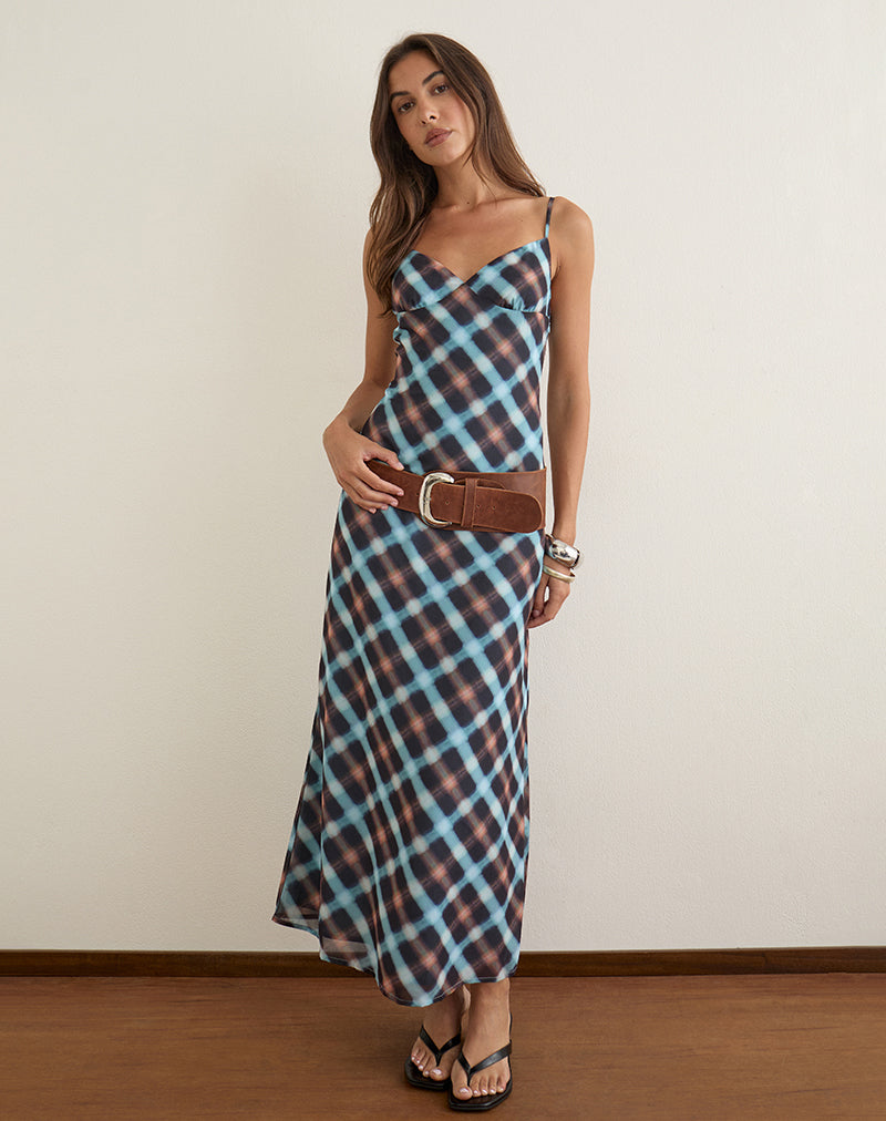 Black and Blue Hazy Check Chiffon Plunge Maxi Dress | Bianna