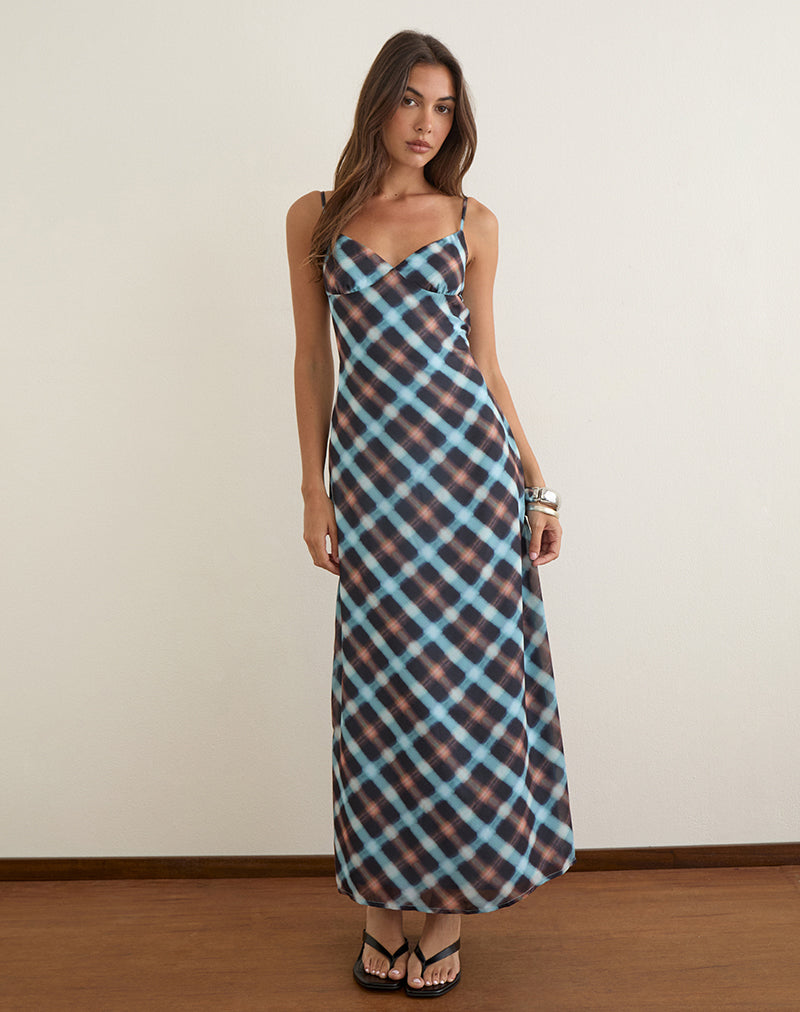 Black and Blue Hazy Check Chiffon Plunge Maxi Dress | Bianna