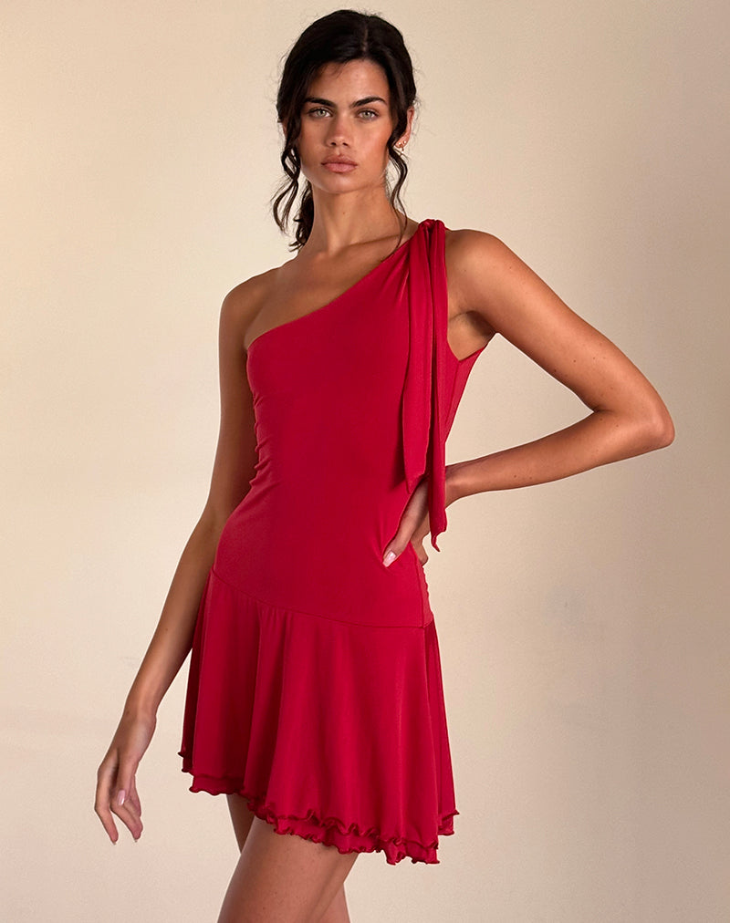 Boone One Shoulder Mini Dress in Slinky Red , Asymmetric Boone One Shoulder Mini Dress in Slinky Red , Asymmetric