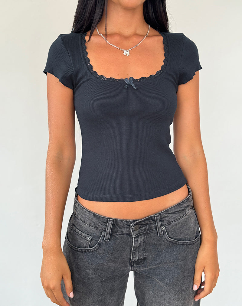 Image of Bovillo Cap Sleeve Top in Ocean Storm Ribbed Jersey