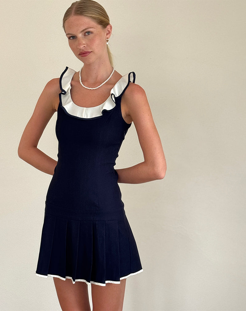 Motel ruffle edge denim mini dress in indigo blue-Navy Motel ruffle edge denim mini dress in indigo blue-Navy