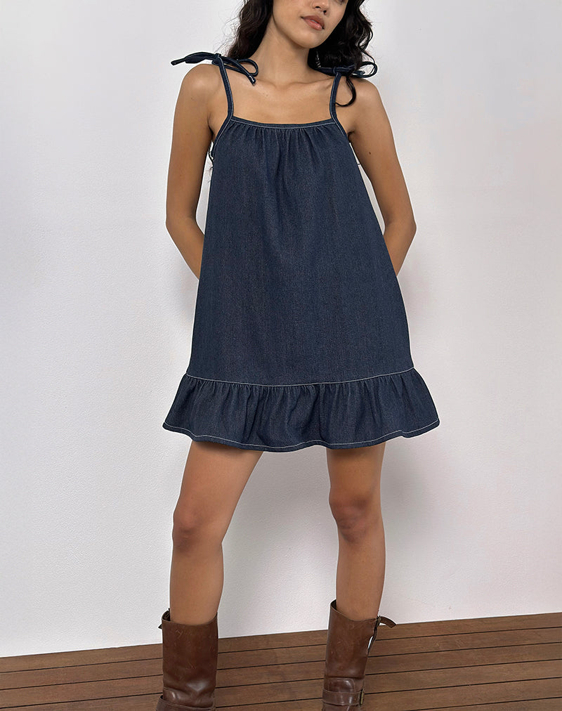 Carlisle Mini Dress in Chambray Indigo , Frill , Loose Fit Carlisle Mini Dress in Chambray Indigo , Frill , Loose Fit