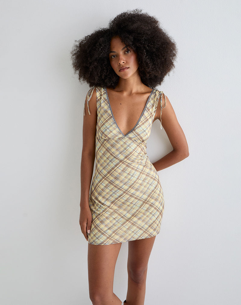 Yellow Check Gathered Mini Dress