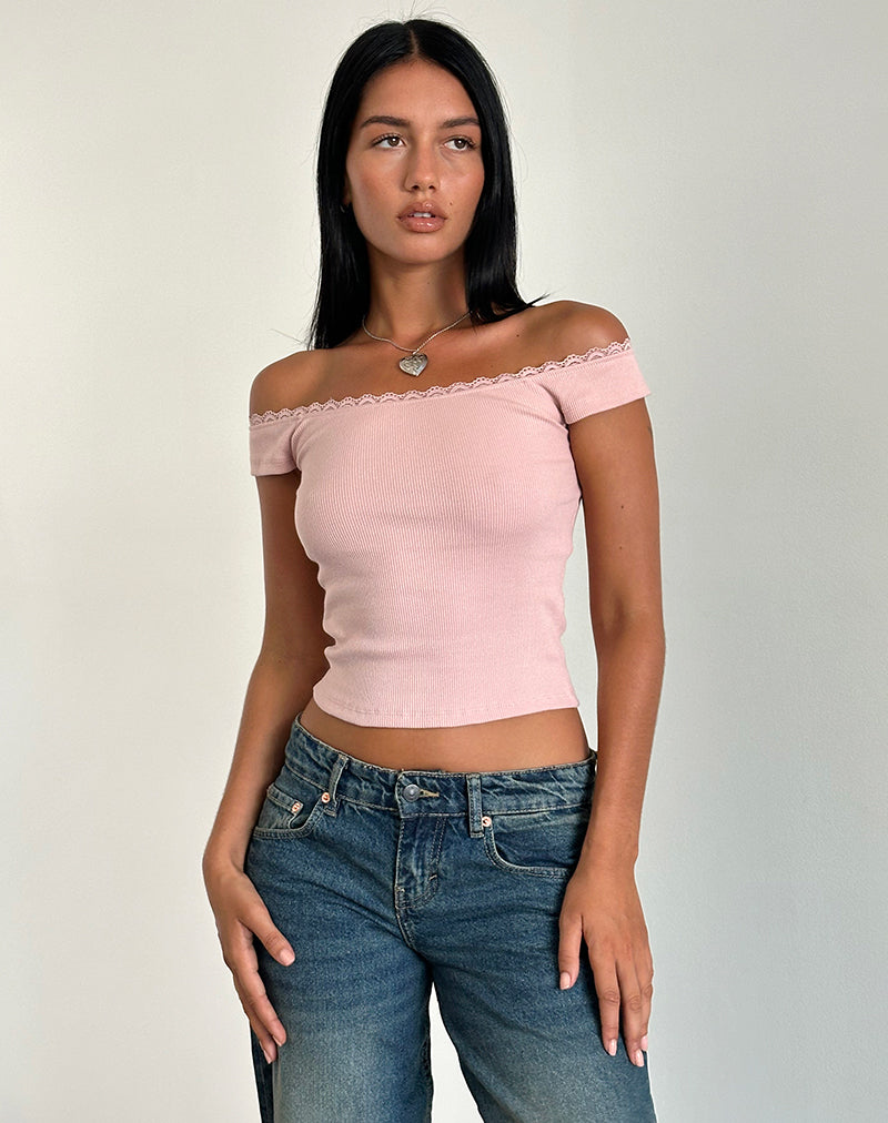 image of Chacha Top in Rib Lace Pink Lady
