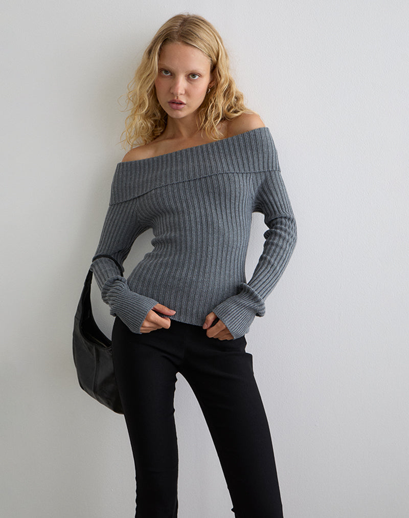 Image of Circe Knitted Bardot Jumper in Grey