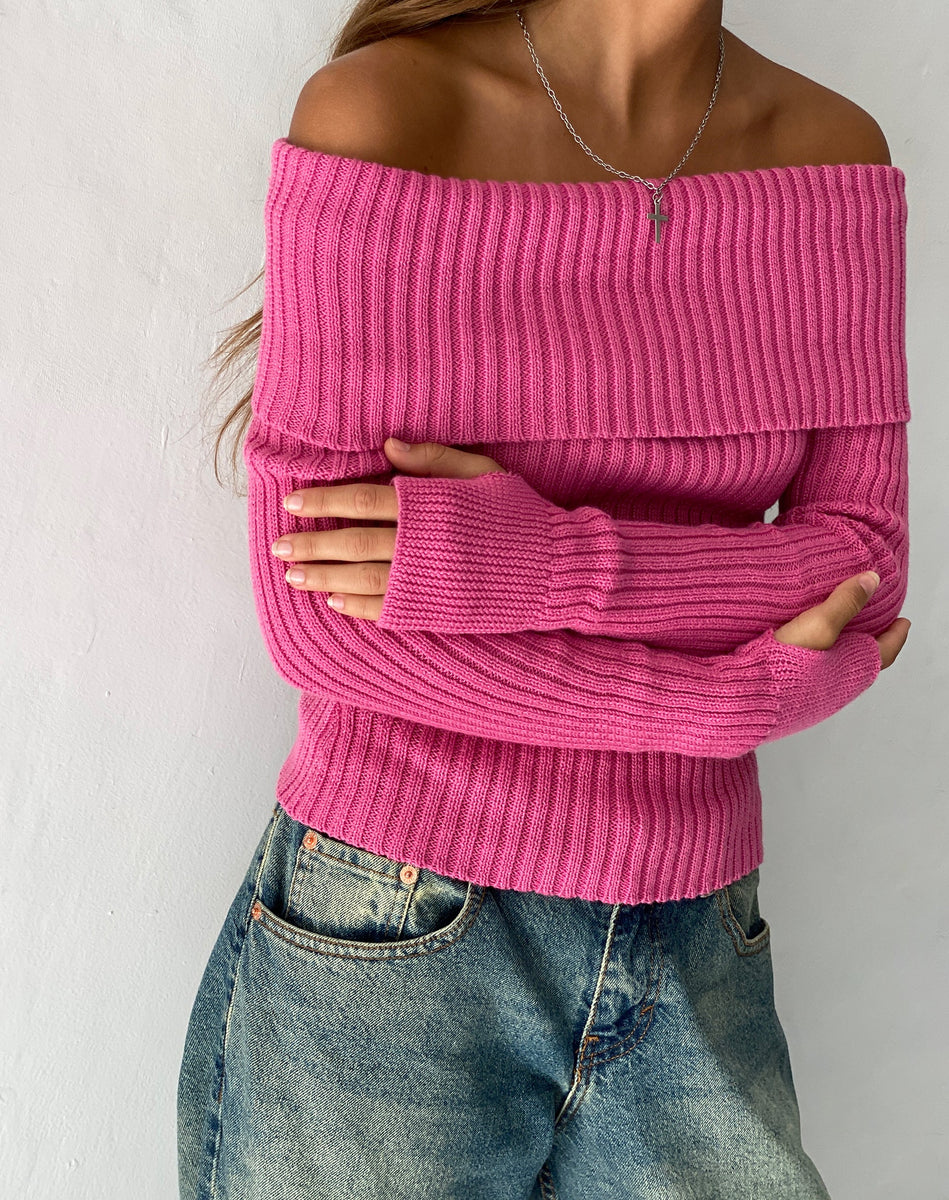 Hot Pink Off-Shoulder Long Sleeve Knit Top | Circe