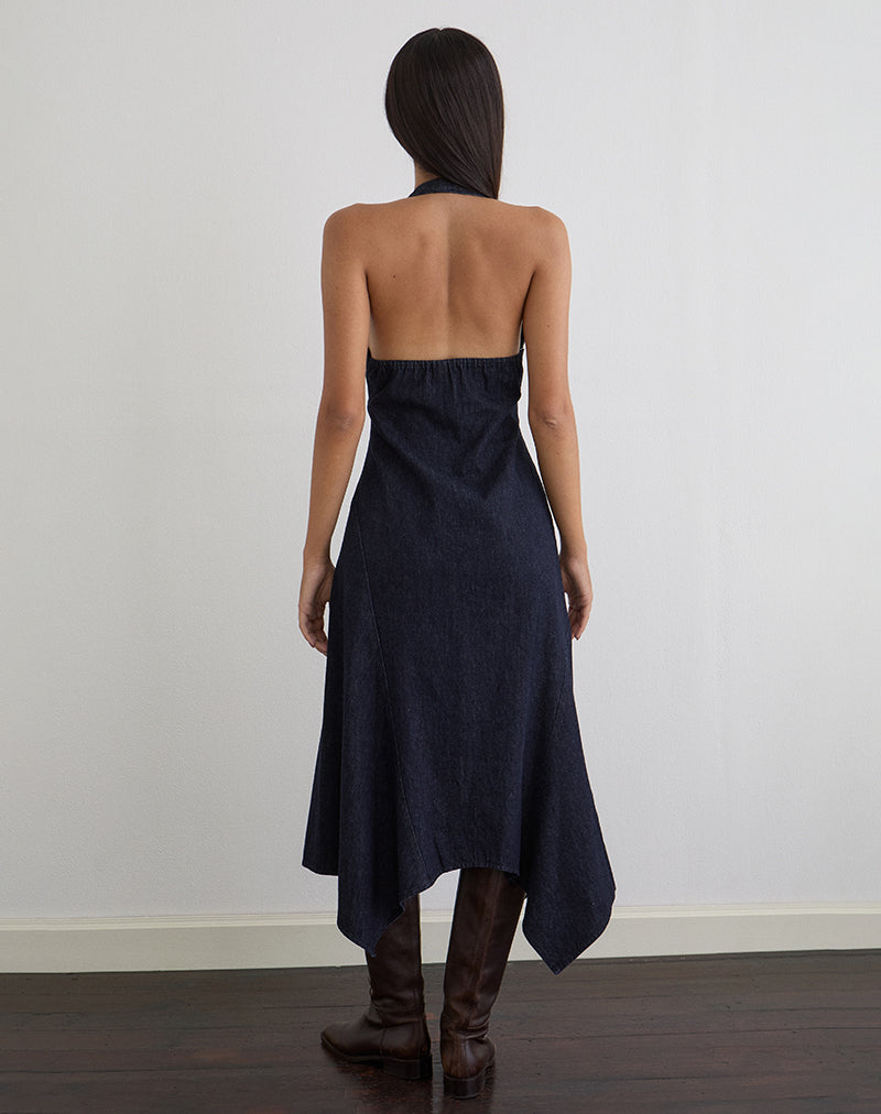 Comari Midi Dress in Chambray Indigo , Halter Neck , Asymmetric , Zip Up