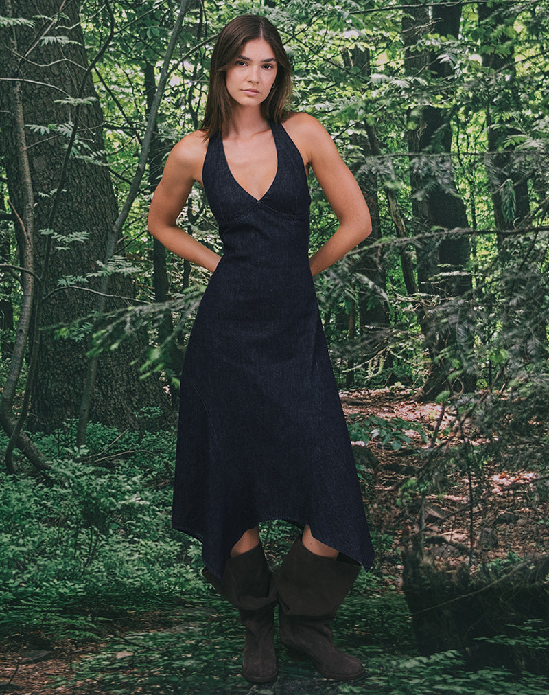 Comari Midi Dress in Chambray Indigo , Halter Neck , Asymmetric , Zip Up