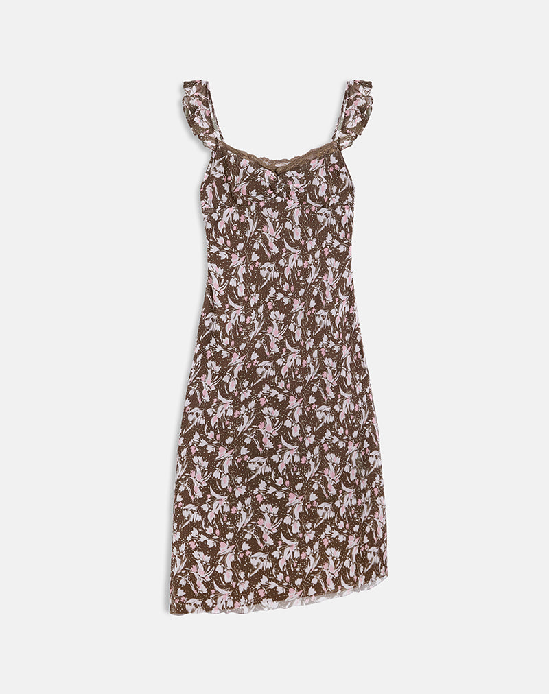 Daita Midi Dress in Chiffon Polka Flower Brown , Frill , Zip Up