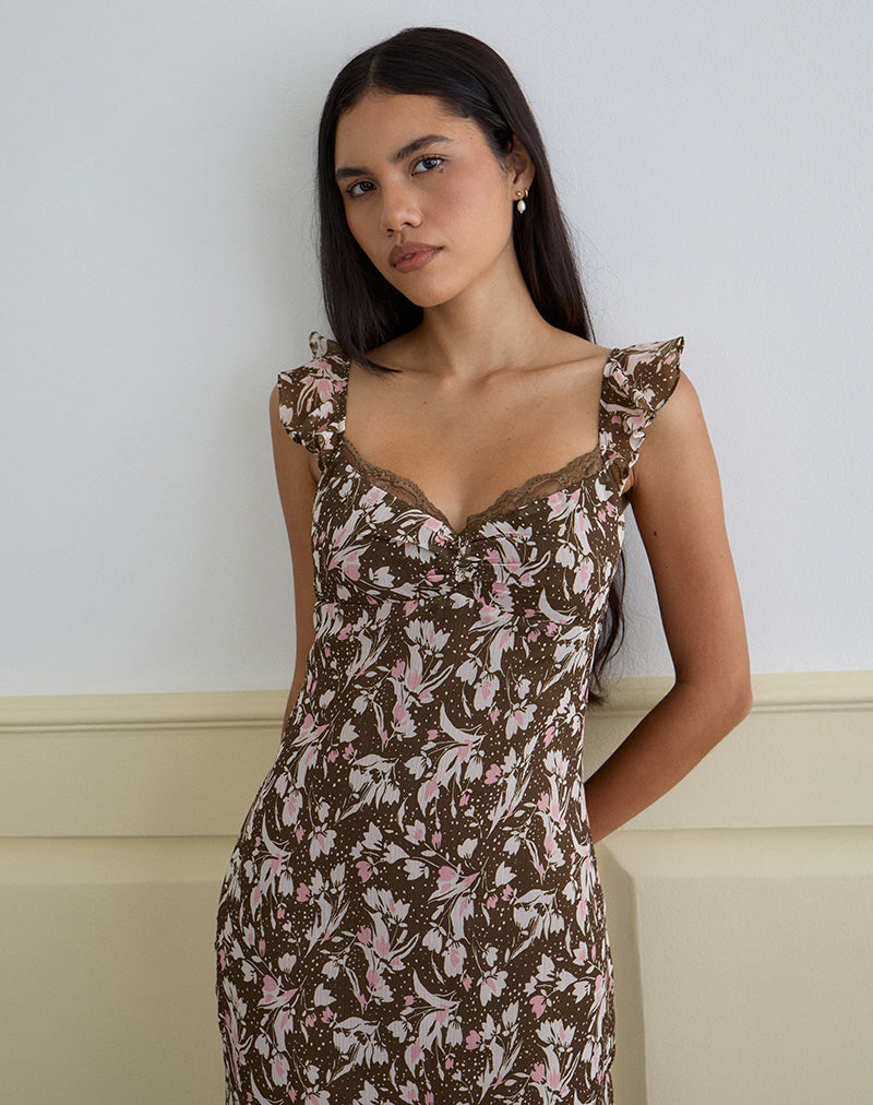 Daita Midi Dress in Chiffon Polka Flower Brown , Frill , Zip Up Daita Midi Dress in Chiffon Polka Flower Brown , Frill , Zip Up