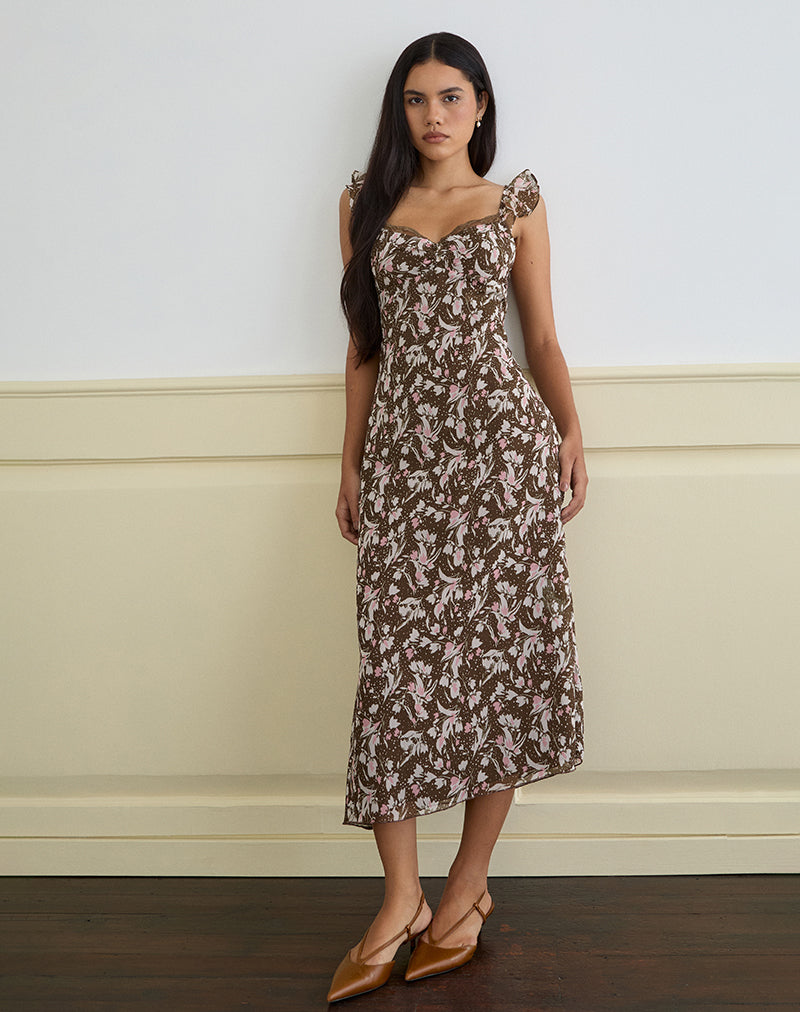 Daita Midi Dress in Chiffon Polka Flower Brown , Frill , Zip Up Daita Midi Dress in Chiffon Polka Flower Brown , Frill , Zip Up