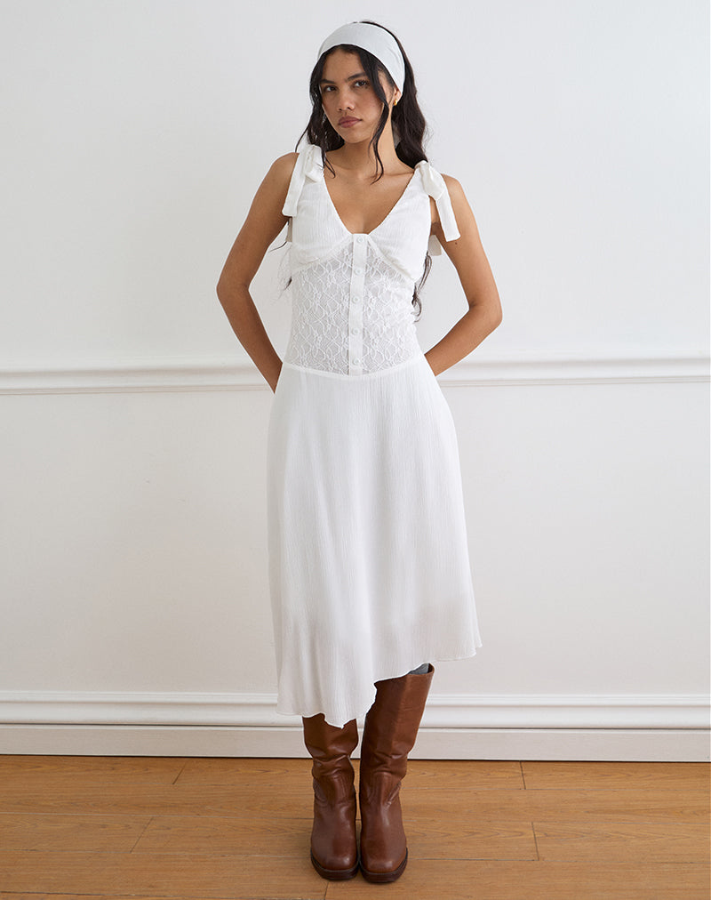 Danira Midi Dress With Lace Waist in Rayon White , V Neck
