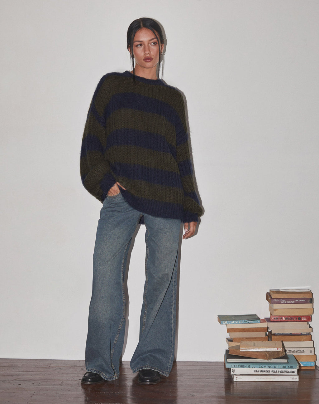 Daren Knitted Oversized Jumper in Khaki and Navy Blue Stripe