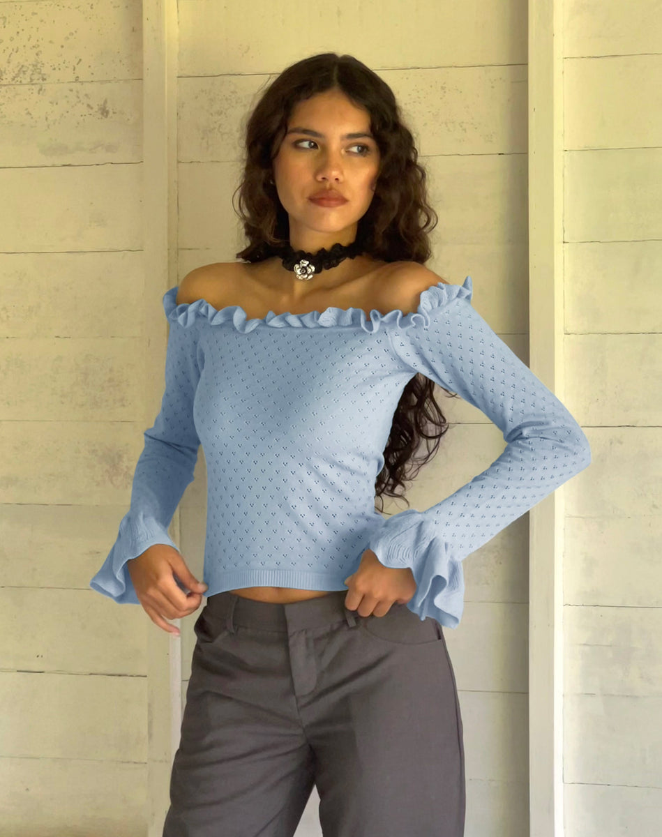 Baby Blue Knitted Frill Bardot Top | Delaney – motelrocks-com-us